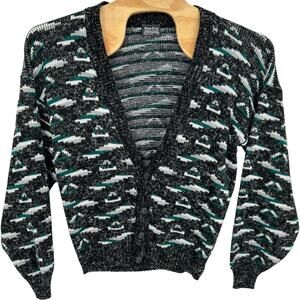Vintage 90s Men's Black White Teal New Era Grandpa Knitted Cardigan Sweater Sz L